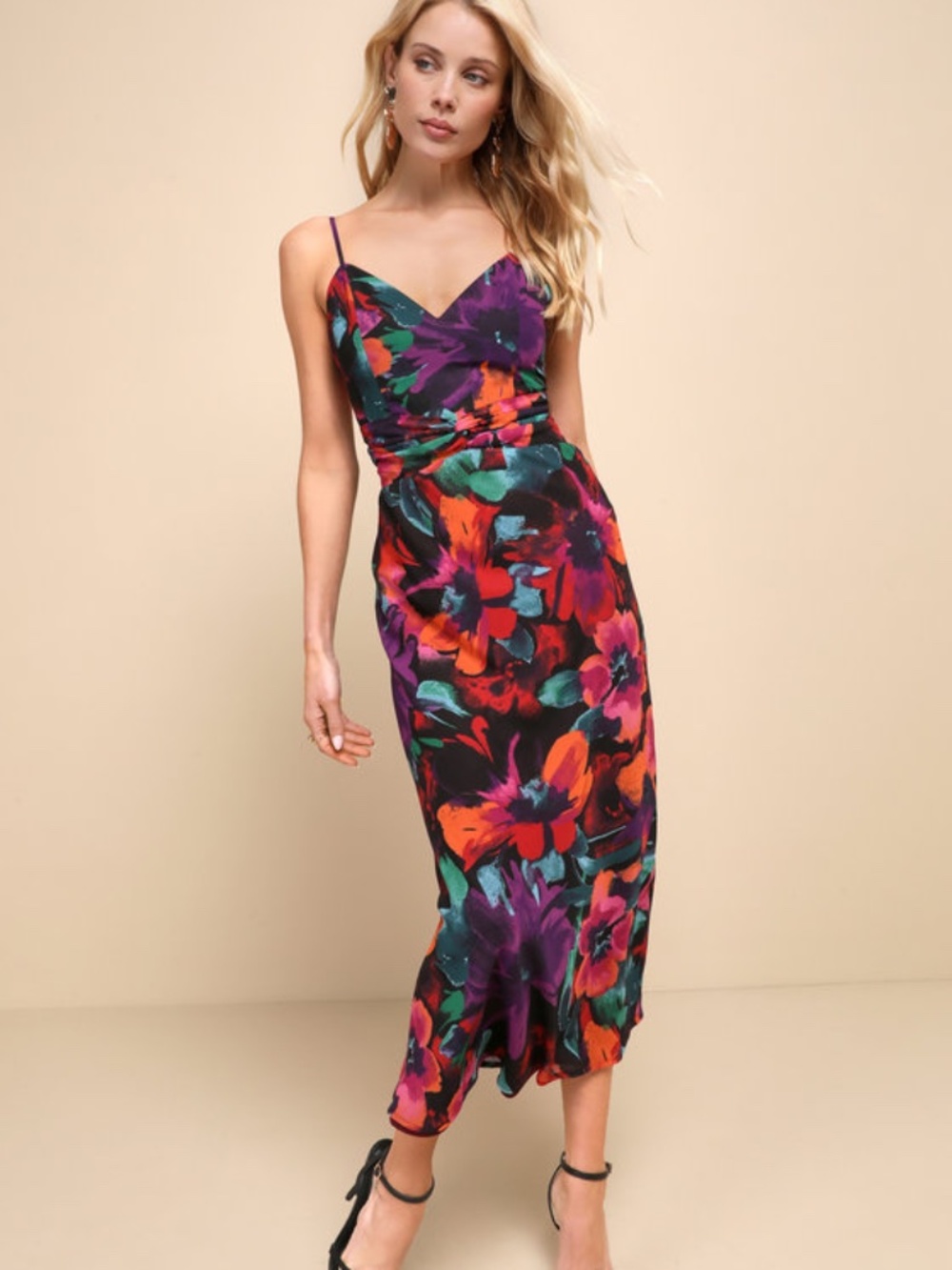Lulu's Floral Spaghetti-Strap Midi Dress in Black, Purple, Teal & Orange